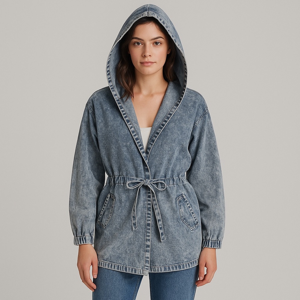 🌀 Vintage Acid Wash Denim Hoodie‎ Jacket Sz M-L 💣 Drawstring Grunge Vibe